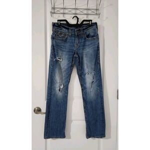 True Religion Jeans‎ Mens 29 Blue Section Straight Distressed Ripped Big T Flap
